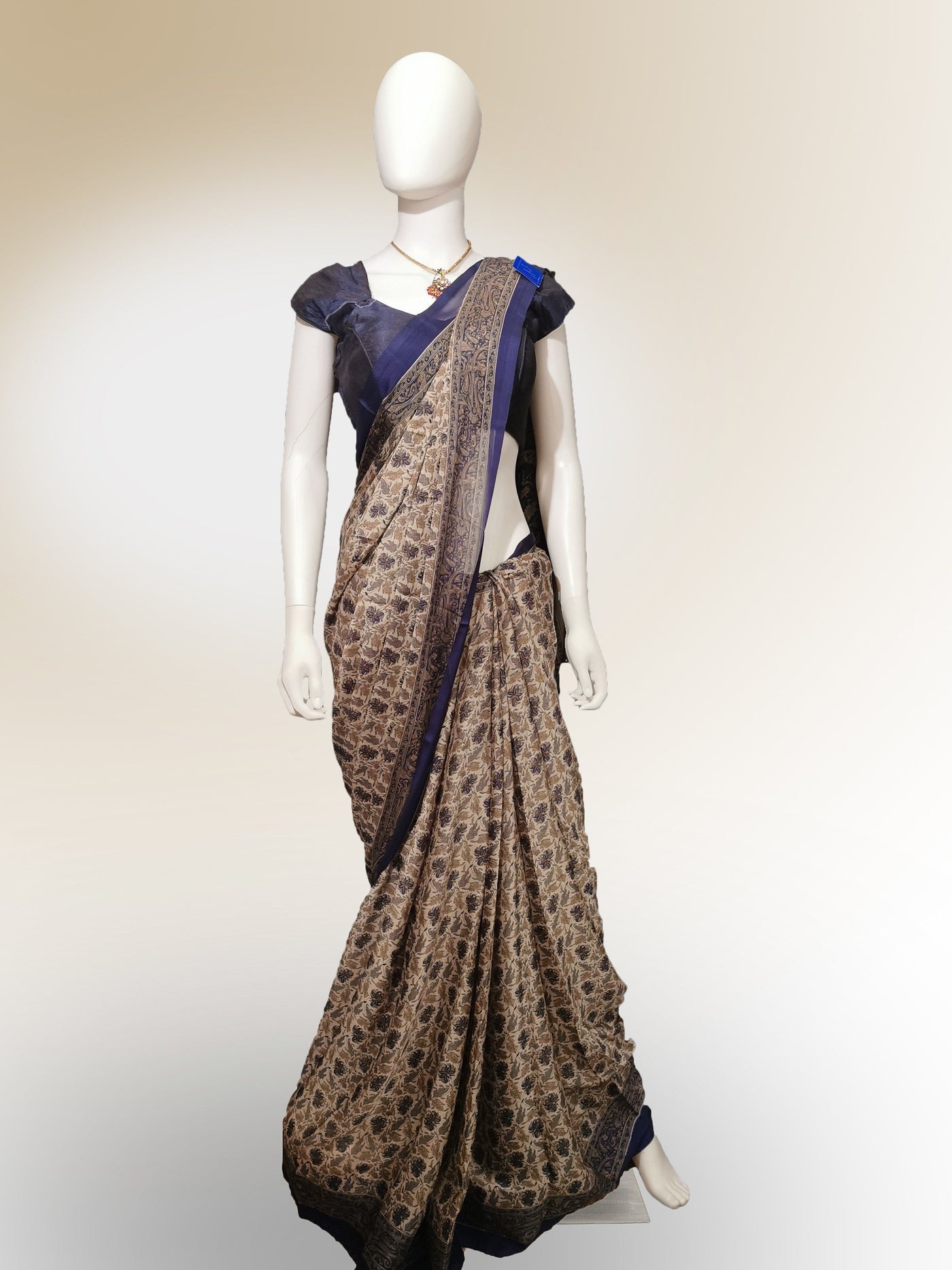 Saree in Bronze and Blue Print - Indian Clothing in Denver, CO, Aurora, CO, Boulder, CO, Fort Collins, CO, Colorado Springs, CO, Parker, CO, Highlands Ranch, CO, Cherry Creek, CO, Centennial, CO, and Longmont, CO. Nationwide shipping USA - India Fashion X