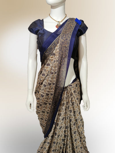 Saree in Bronze and Blue Print - Indian Clothing in Denver, CO, Aurora, CO, Boulder, CO, Fort Collins, CO, Colorado Springs, CO, Parker, CO, Highlands Ranch, CO, Cherry Creek, CO, Centennial, CO, and Longmont, CO. Nationwide shipping USA - India Fashion X