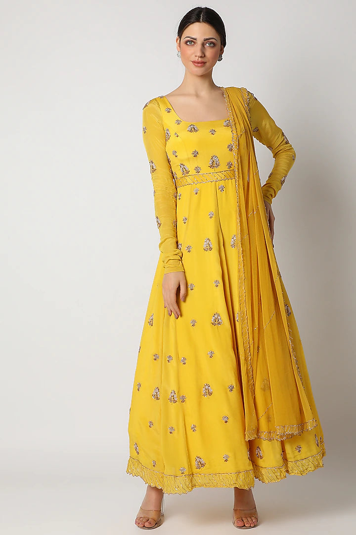 Pineapple Yellow Zardosi Anarkali - Indian Clothing in Denver, CO, Aurora, CO, Boulder, CO, Fort Collins, CO, Colorado Springs, CO, Parker, CO, Highlands Ranch, CO, Cherry Creek, CO, Centennial, CO, and Longmont, CO. Nationwide shipping USA - India Fashion X