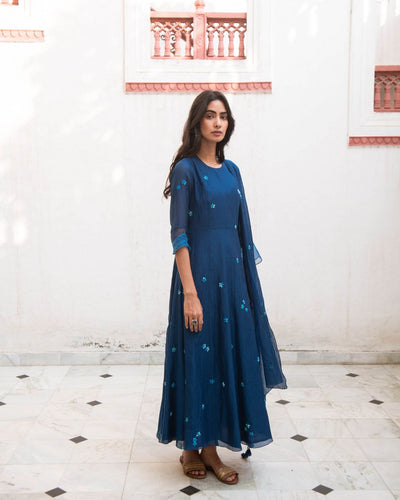 Sapphire Floral Embroidery Anarkali - Indian Clothing in Denver, CO, Aurora, CO, Boulder, CO, Fort Collins, CO, Colorado Springs, CO, Parker, CO, Highlands Ranch, CO, Cherry Creek, CO, Centennial, CO, and Longmont, CO. Nationwide shipping USA - India Fashion X