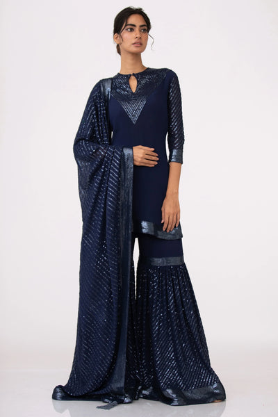 Navy Blue Sequins Sharara Set - Indian Clothing in Denver, CO, Aurora, CO, Boulder, CO, Fort Collins, CO, Colorado Springs, CO, Parker, CO, Highlands Ranch, CO, Cherry Creek, CO, Centennial, CO, and Longmont, CO. Nationwide shipping USA - India Fashion X