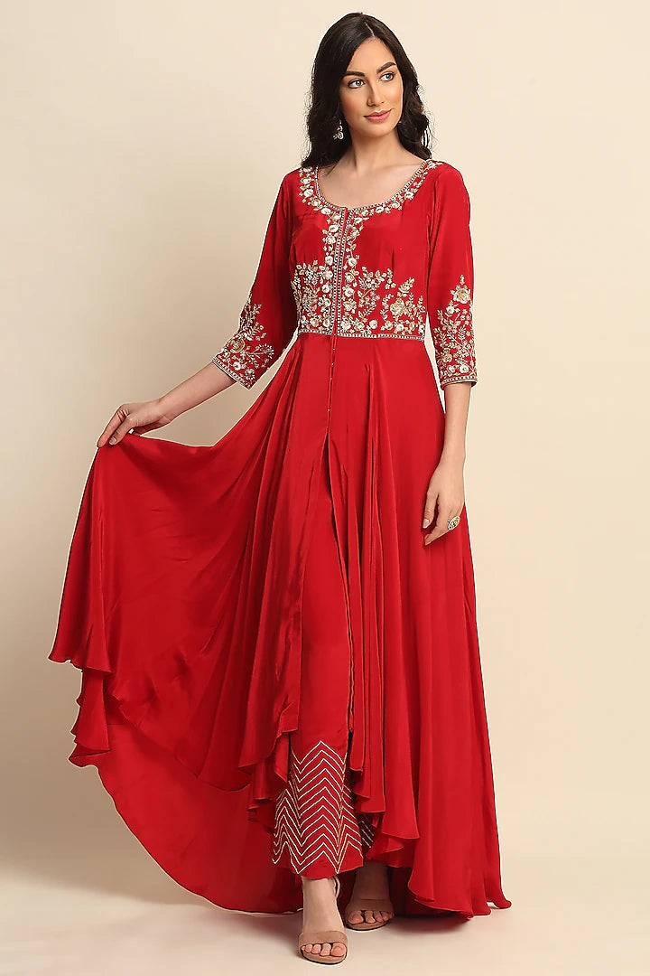 Red Crepe Anarkali Set - Indian Clothing in Denver, CO, Aurora, CO, Boulder, CO, Fort Collins, CO, Colorado Springs, CO, Parker, CO, Highlands Ranch, CO, Cherry Creek, CO, Centennial, CO, and Longmont, CO. Nationwide shipping USA - India Fashion X
