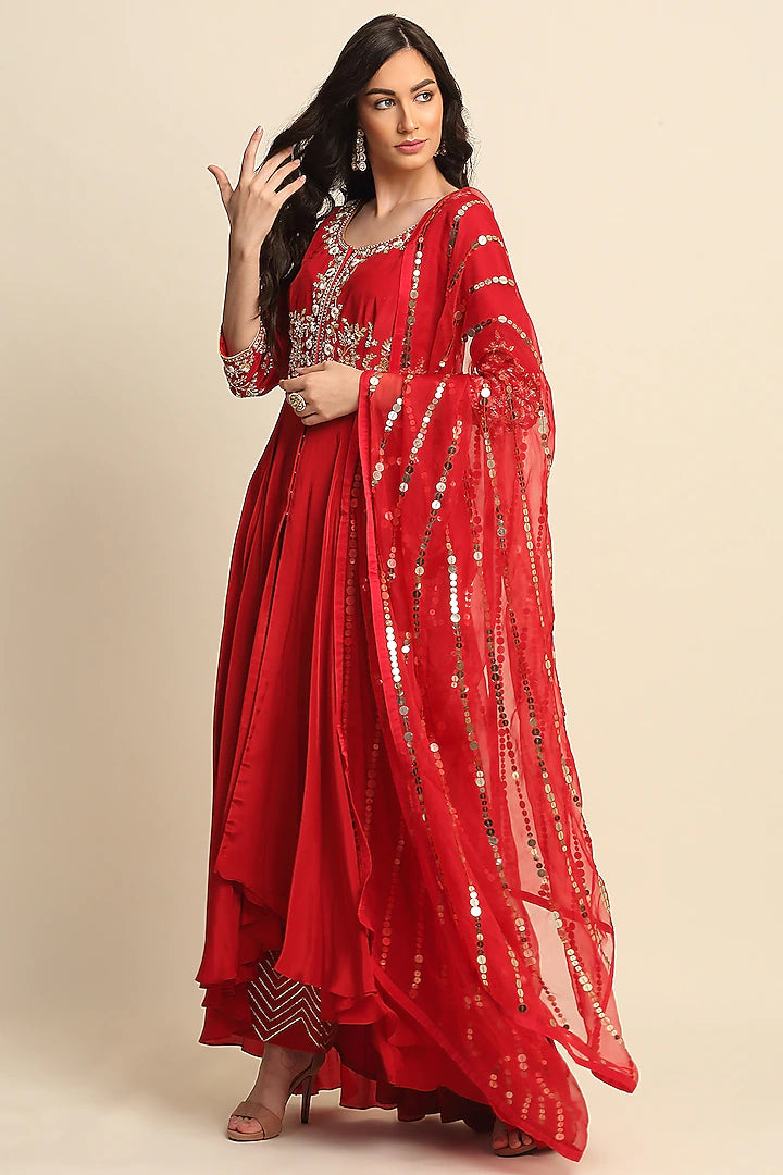 Red Crepe Anarkali Set - Indian Clothing in Denver, CO, Aurora, CO, Boulder, CO, Fort Collins, CO, Colorado Springs, CO, Parker, CO, Highlands Ranch, CO, Cherry Creek, CO, Centennial, CO, and Longmont, CO. Nationwide shipping USA - India Fashion X