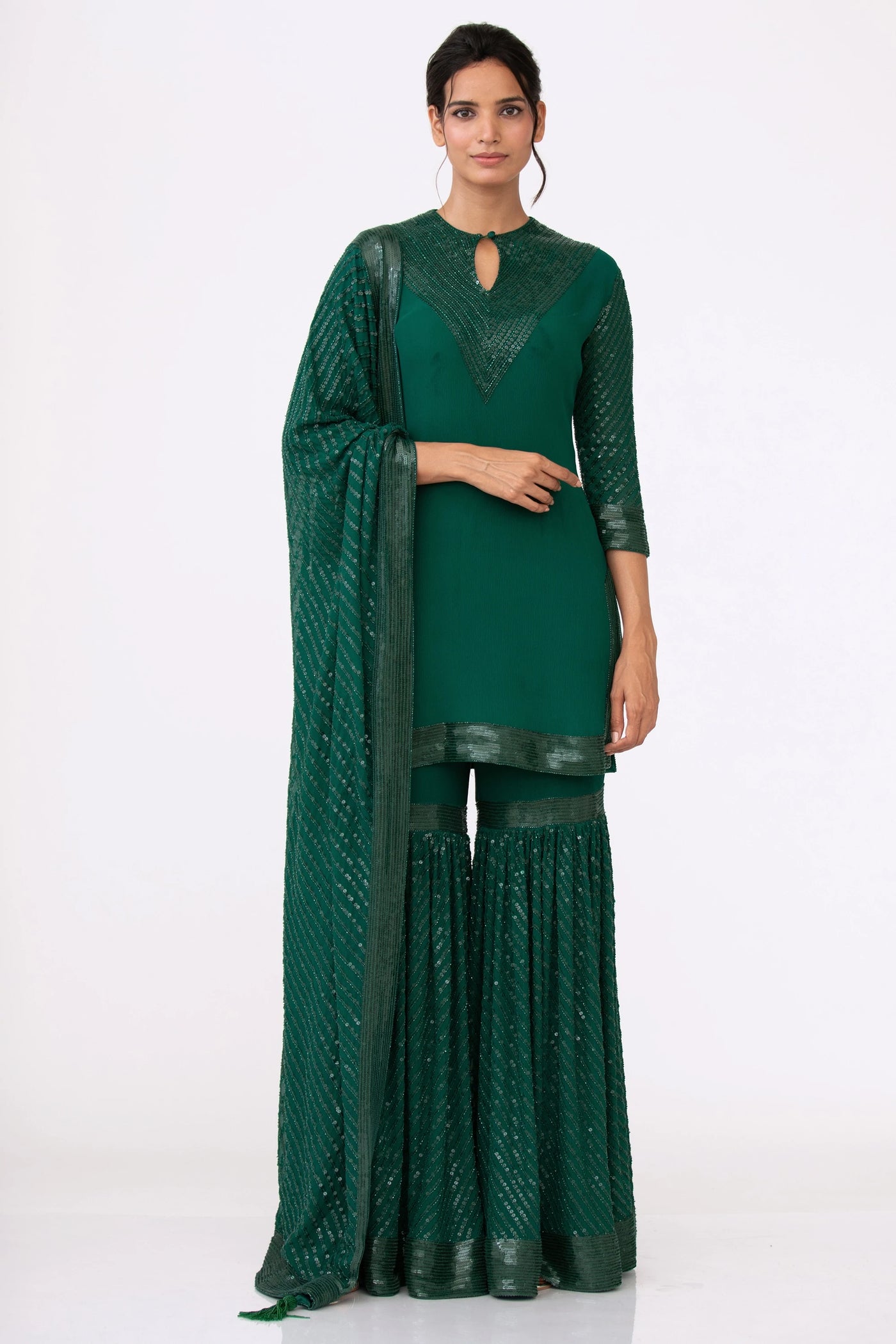 Green Sequins Sharara Set - Indian Clothing in Denver, CO, Aurora, CO, Boulder, CO, Fort Collins, CO, Colorado Springs, CO, Parker, CO, Highlands Ranch, CO, Cherry Creek, CO, Centennial, CO, and Longmont, CO. Nationwide shipping USA - India Fashion X