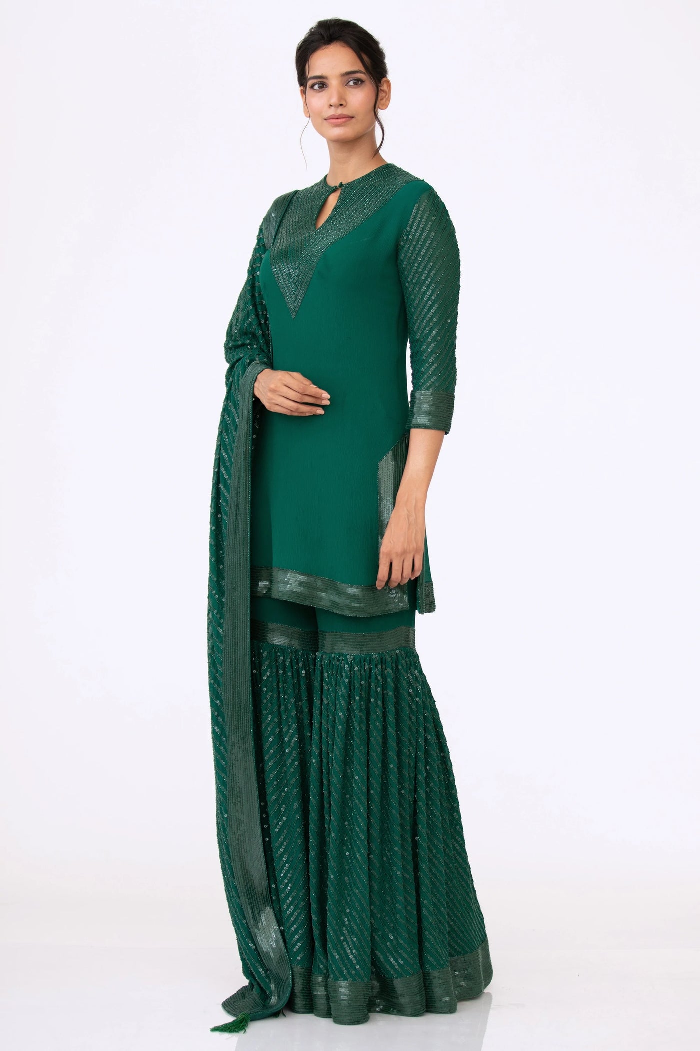 Green Sequins Sharara Set - Indian Clothing in Denver, CO, Aurora, CO, Boulder, CO, Fort Collins, CO, Colorado Springs, CO, Parker, CO, Highlands Ranch, CO, Cherry Creek, CO, Centennial, CO, and Longmont, CO. Nationwide shipping USA - India Fashion X