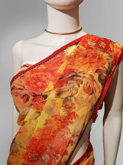 Saree in Orange Yellow Pastel Floral Design with Sequin Work Indian Clothing in Denver, CO, Aurora, CO, Boulder, CO, Fort Collins, CO, Colorado Springs, CO, Parker, CO, Highlands Ranch, CO, Cherry Creek, CO, Centennial, CO, and Longmont, CO. NATIONWIDE SHIPPING USA- India Fashion X