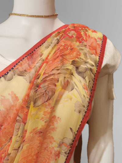 Saree in Orange Yellow Pastel Floral Design with Sequin Work Indian Clothing in Denver, CO, Aurora, CO, Boulder, CO, Fort Collins, CO, Colorado Springs, CO, Parker, CO, Highlands Ranch, CO, Cherry Creek, CO, Centennial, CO, and Longmont, CO. NATIONWIDE SHIPPING USA- India Fashion X