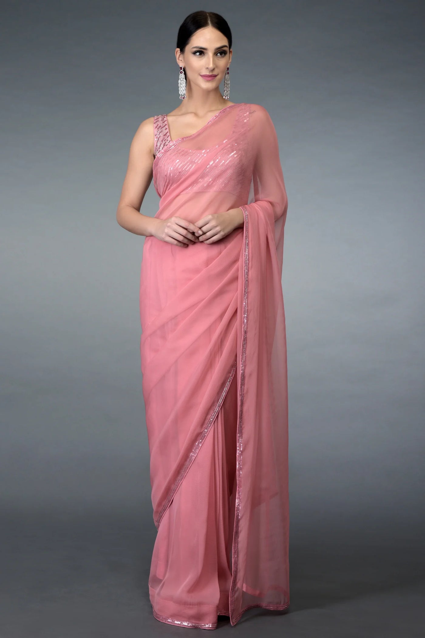 Pink Pure Chiffon Saree Set Indian Clothing in Denver, CO, Aurora, CO, Boulder, CO, Fort Collins, CO, Colorado Springs, CO, Parker, CO, Highlands Ranch, CO, Cherry Creek, CO, Centennial, CO, and Longmont, CO. NATIONWIDE SHIPPING USA- India Fashion X