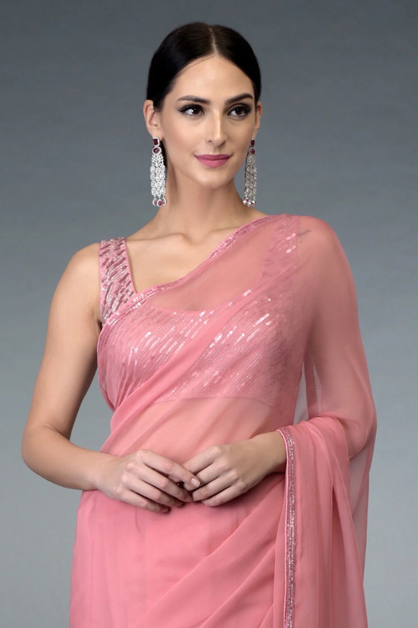 Pink Pure Chiffon Saree Set Indian Clothing in Denver, CO, Aurora, CO, Boulder, CO, Fort Collins, CO, Colorado Springs, CO, Parker, CO, Highlands Ranch, CO, Cherry Creek, CO, Centennial, CO, and Longmont, CO. NATIONWIDE SHIPPING USA- India Fashion X