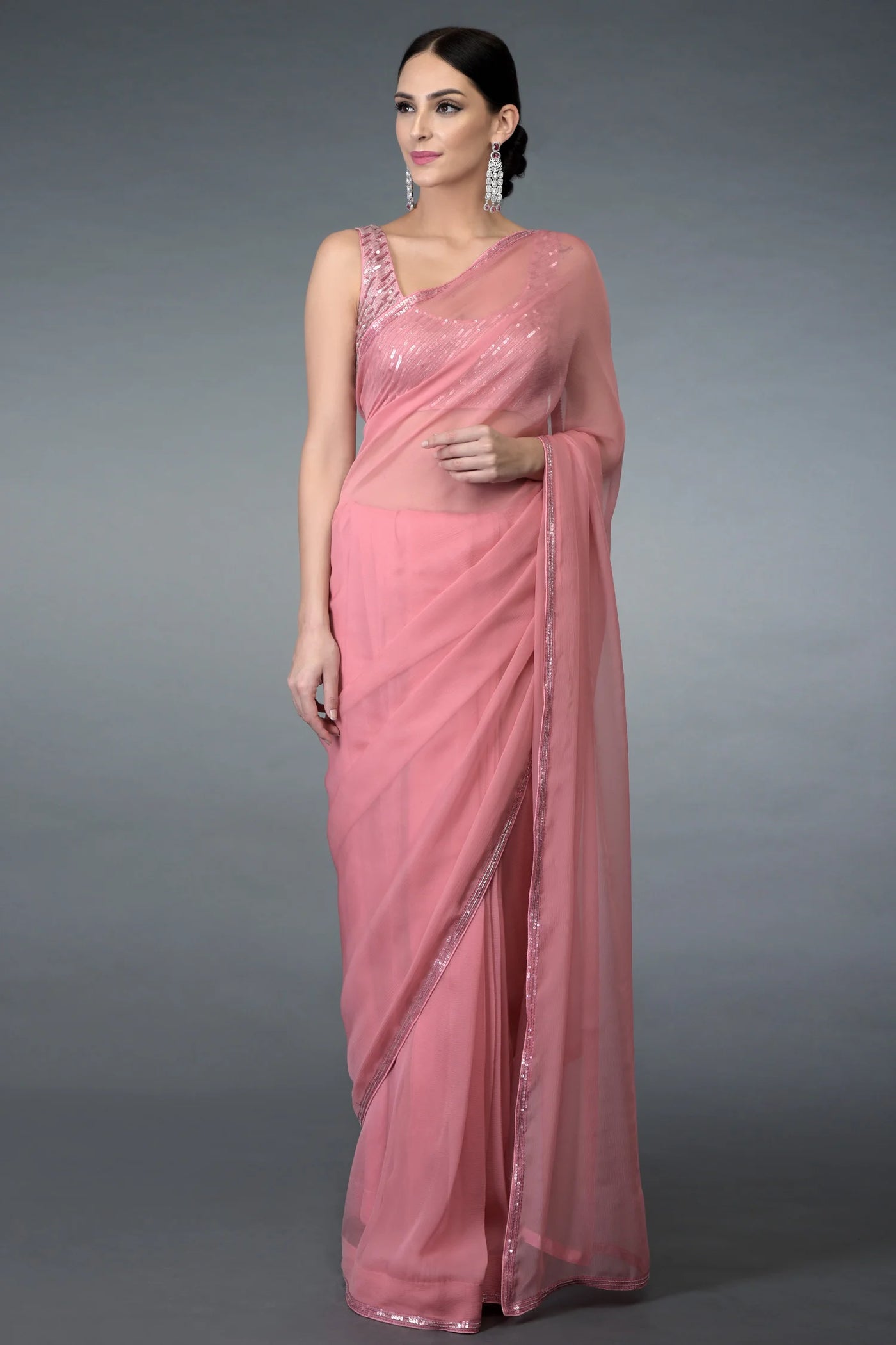 Pink Pure Chiffon Saree Set Indian Clothing in Denver, CO, Aurora, CO, Boulder, CO, Fort Collins, CO, Colorado Springs, CO, Parker, CO, Highlands Ranch, CO, Cherry Creek, CO, Centennial, CO, and Longmont, CO. NATIONWIDE SHIPPING USA- India Fashion X