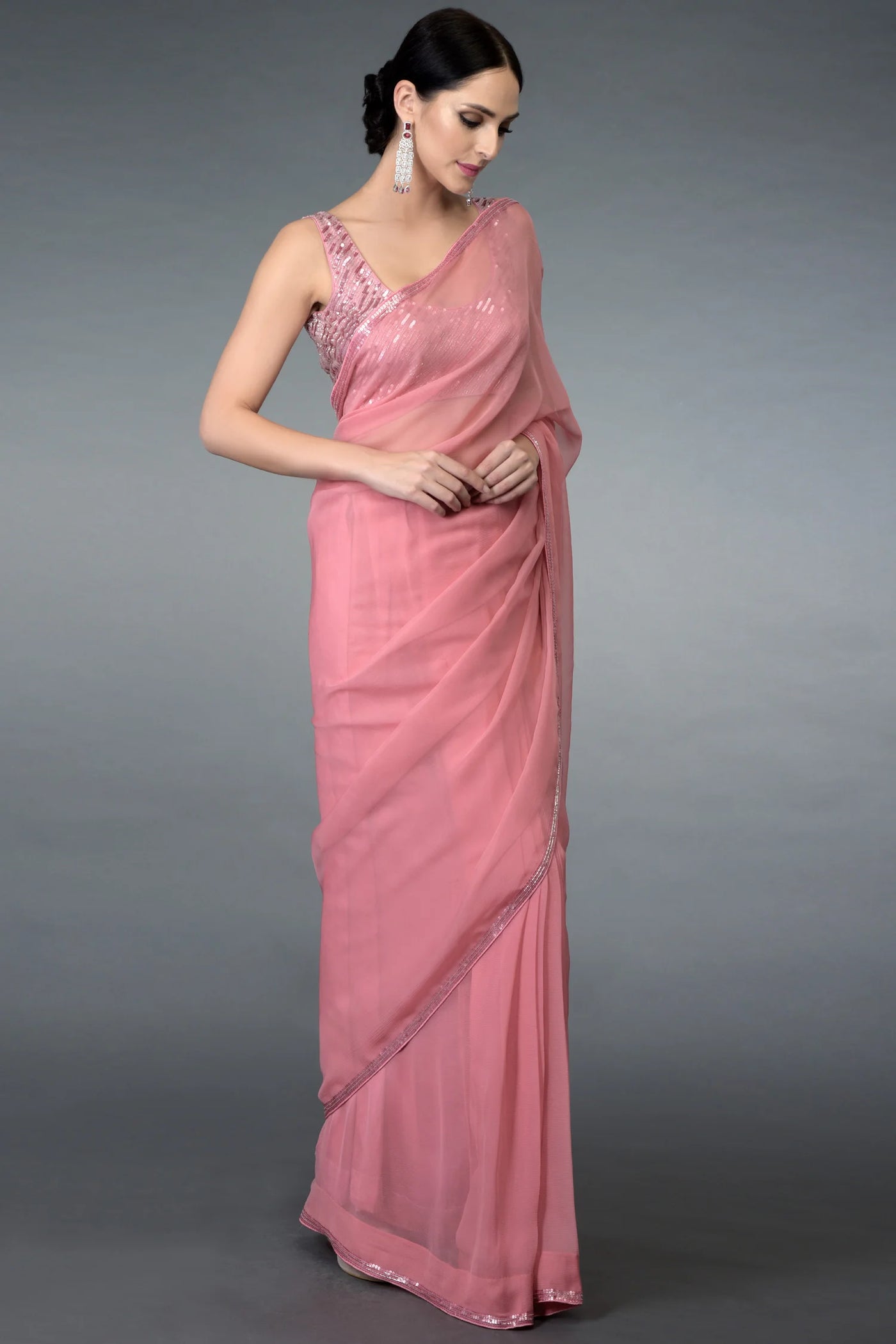 Pink Pure Chiffon Saree Set Indian Clothing in Denver, CO, Aurora, CO, Boulder, CO, Fort Collins, CO, Colorado Springs, CO, Parker, CO, Highlands Ranch, CO, Cherry Creek, CO, Centennial, CO, and Longmont, CO. NATIONWIDE SHIPPING USA- India Fashion X