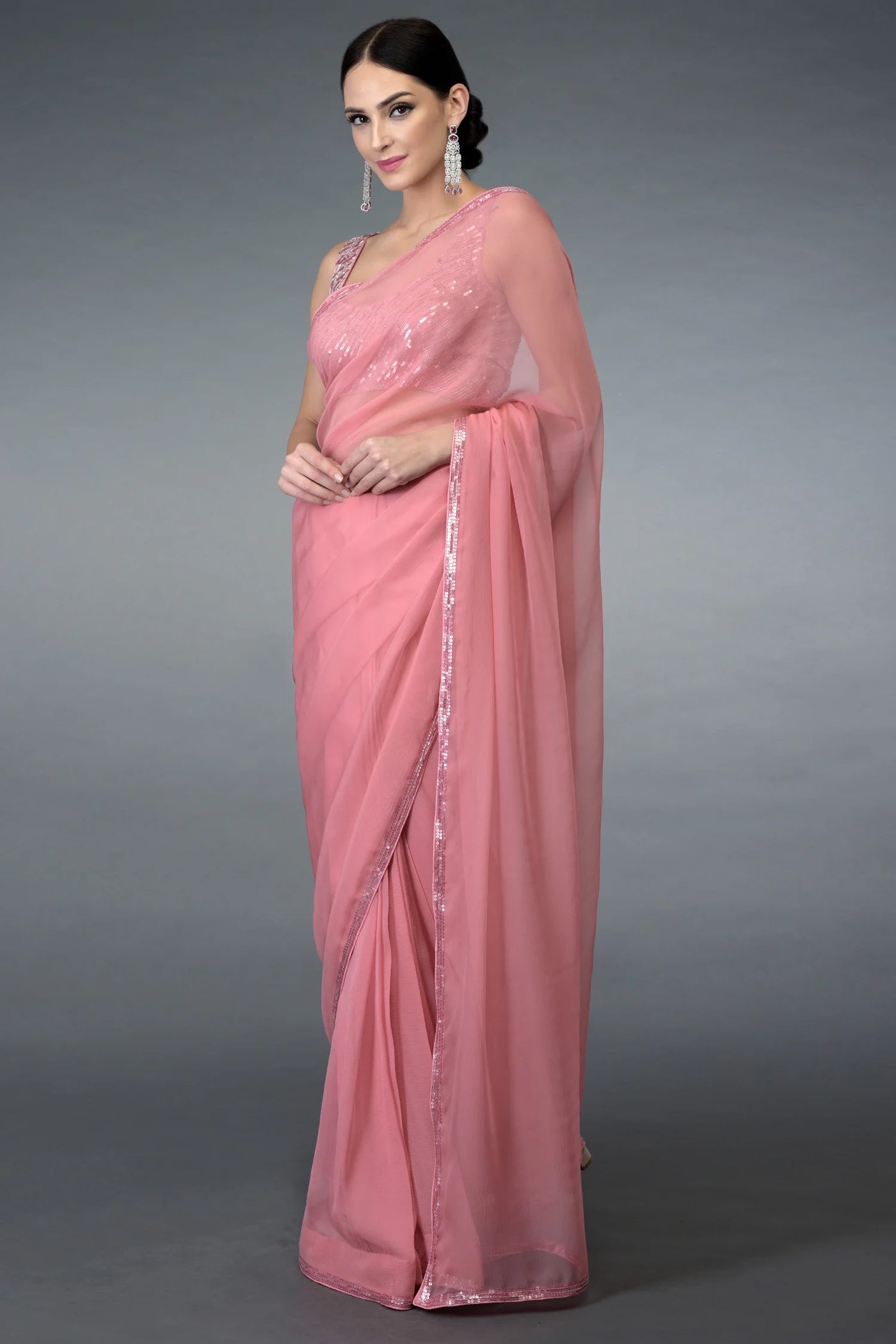 Pink Pure Chiffon Saree Set Indian Clothing in Denver, CO, Aurora, CO, Boulder, CO, Fort Collins, CO, Colorado Springs, CO, Parker, CO, Highlands Ranch, CO, Cherry Creek, CO, Centennial, CO, and Longmont, CO. NATIONWIDE SHIPPING USA- India Fashion X