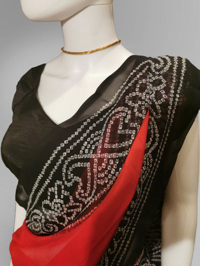 Saree in Bright Red and Black 2-Tone Print Indian Clothing in Denver, CO, Aurora, CO, Boulder, CO, Fort Collins, CO, Colorado Springs, CO, Parker, CO, Highlands Ranch, CO, Cherry Creek, CO, Centennial, CO, and Longmont, CO. NATIONWIDE SHIPPING USA- India Fashion X
