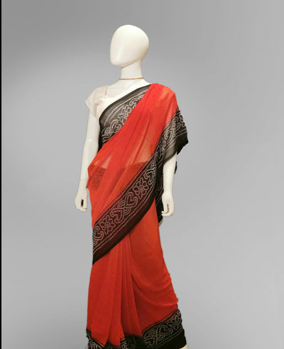 Saree in Bright Red and Black 2-Tone Print Indian Clothing in Denver, CO, Aurora, CO, Boulder, CO, Fort Collins, CO, Colorado Springs, CO, Parker, CO, Highlands Ranch, CO, Cherry Creek, CO, Centennial, CO, and Longmont, CO. NATIONWIDE SHIPPING USA- India Fashion X