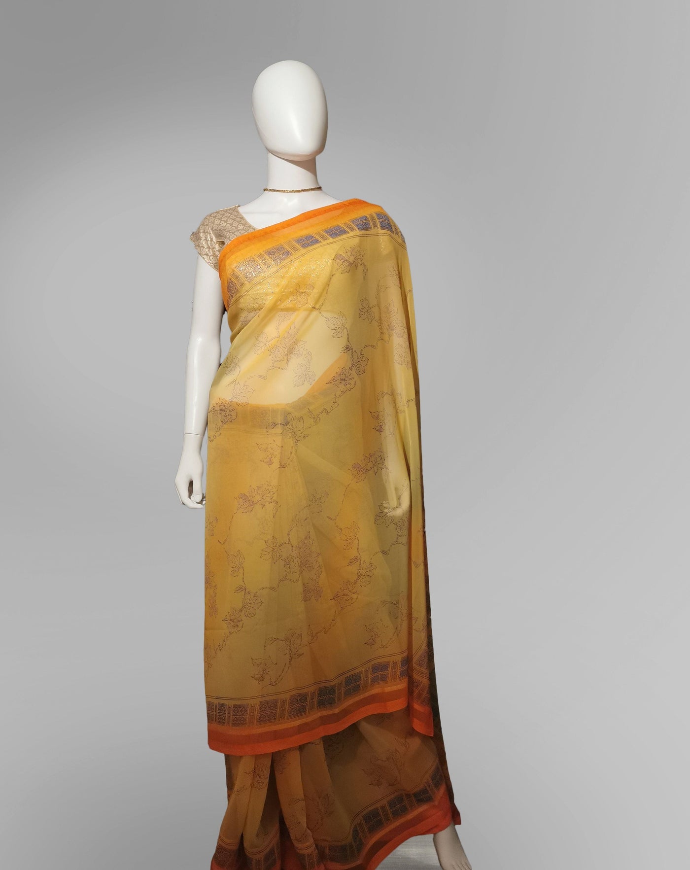 Saree in Orange Yellow with Light  Print Work Indian Clothing in Denver, CO, Aurora, CO, Boulder, CO, Fort Collins, CO, Colorado Springs, CO, Parker, CO, Highlands Ranch, CO, Cherry Creek, CO, Centennial, CO, and Longmont, CO. NATIONWIDE SHIPPING USA- India Fashion X