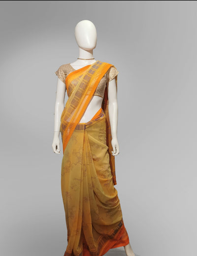 Saree in Orange Yellow with Light  Print Work Indian Clothing in Denver, CO, Aurora, CO, Boulder, CO, Fort Collins, CO, Colorado Springs, CO, Parker, CO, Highlands Ranch, CO, Cherry Creek, CO, Centennial, CO, and Longmont, CO. NATIONWIDE SHIPPING USA- India Fashion X