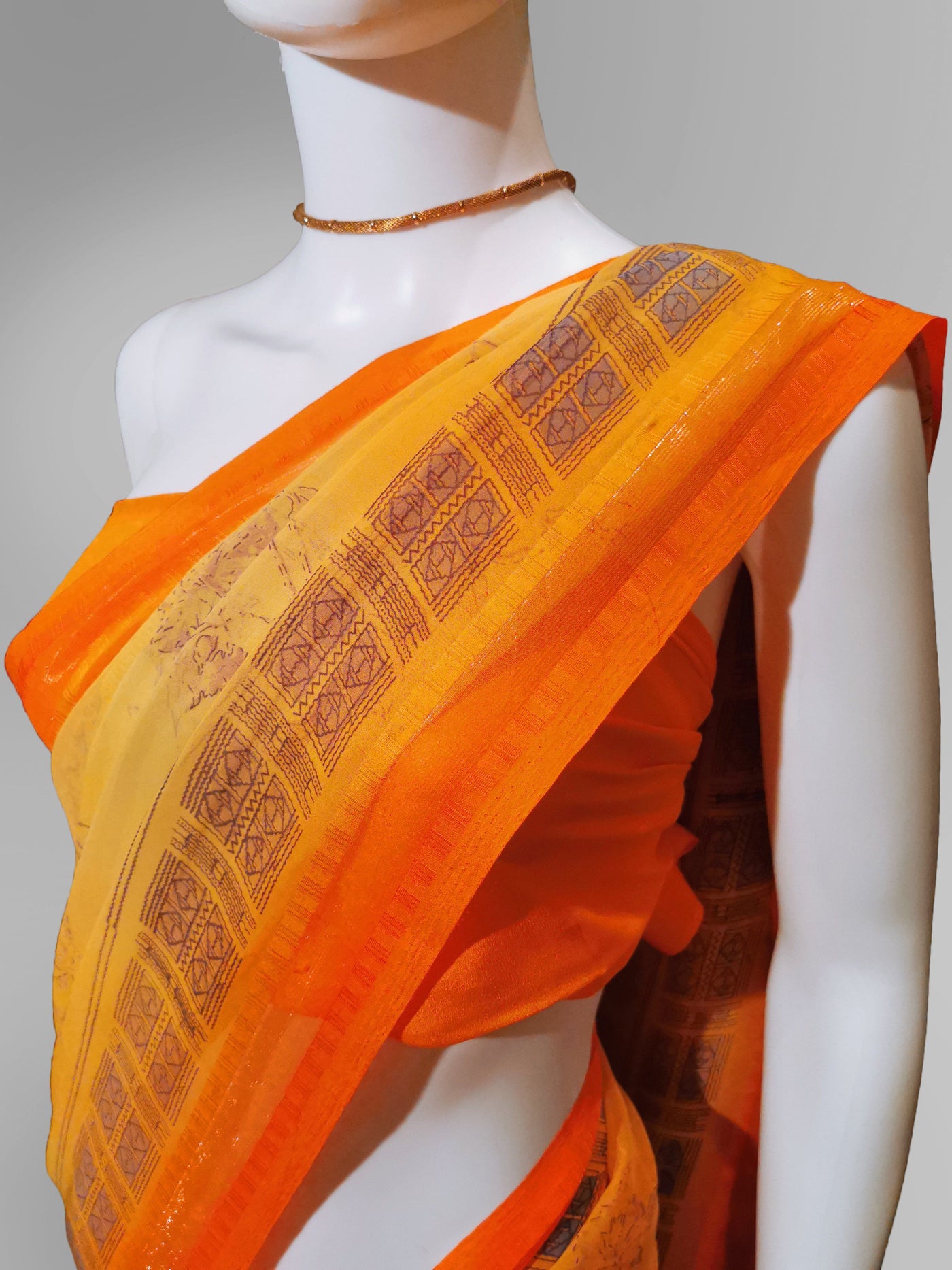 Saree in Orange Yellow with Light  Print Work Indian Clothing in Denver, CO, Aurora, CO, Boulder, CO, Fort Collins, CO, Colorado Springs, CO, Parker, CO, Highlands Ranch, CO, Cherry Creek, CO, Centennial, CO, and Longmont, CO. NATIONWIDE SHIPPING USA- India Fashion X