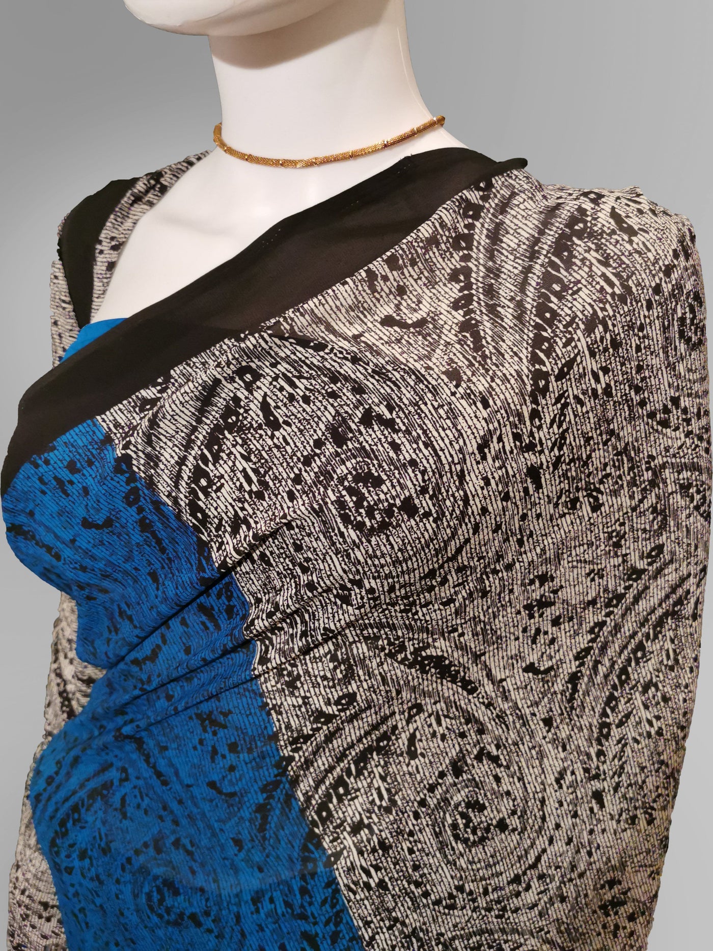 Saree in Blue Black and White with Block Print Work Indian Clothing in Denver, CO, Aurora, CO, Boulder, CO, Fort Collins, CO, Colorado Springs, CO, Parker, CO, Highlands Ranch, CO, Cherry Creek, CO, Centennial, CO, and Longmont, CO. NATIONWIDE SHIPPING USA- India Fashion X