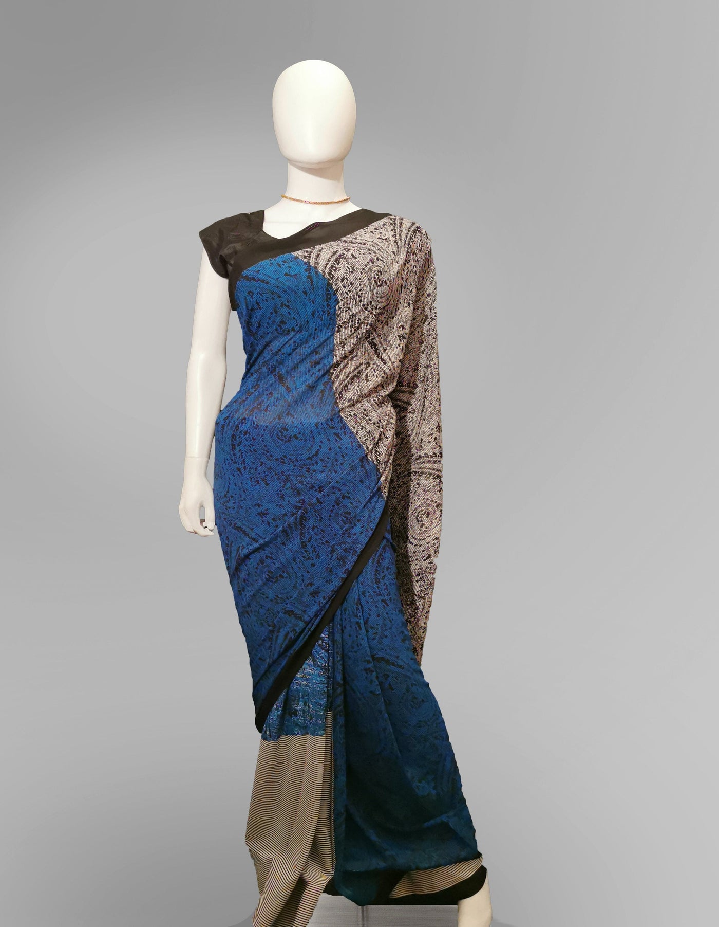 Saree in Blue Black and White with Block Print Work Indian Clothing in Denver, CO, Aurora, CO, Boulder, CO, Fort Collins, CO, Colorado Springs, CO, Parker, CO, Highlands Ranch, CO, Cherry Creek, CO, Centennial, CO, and Longmont, CO. NATIONWIDE SHIPPING USA- India Fashion X