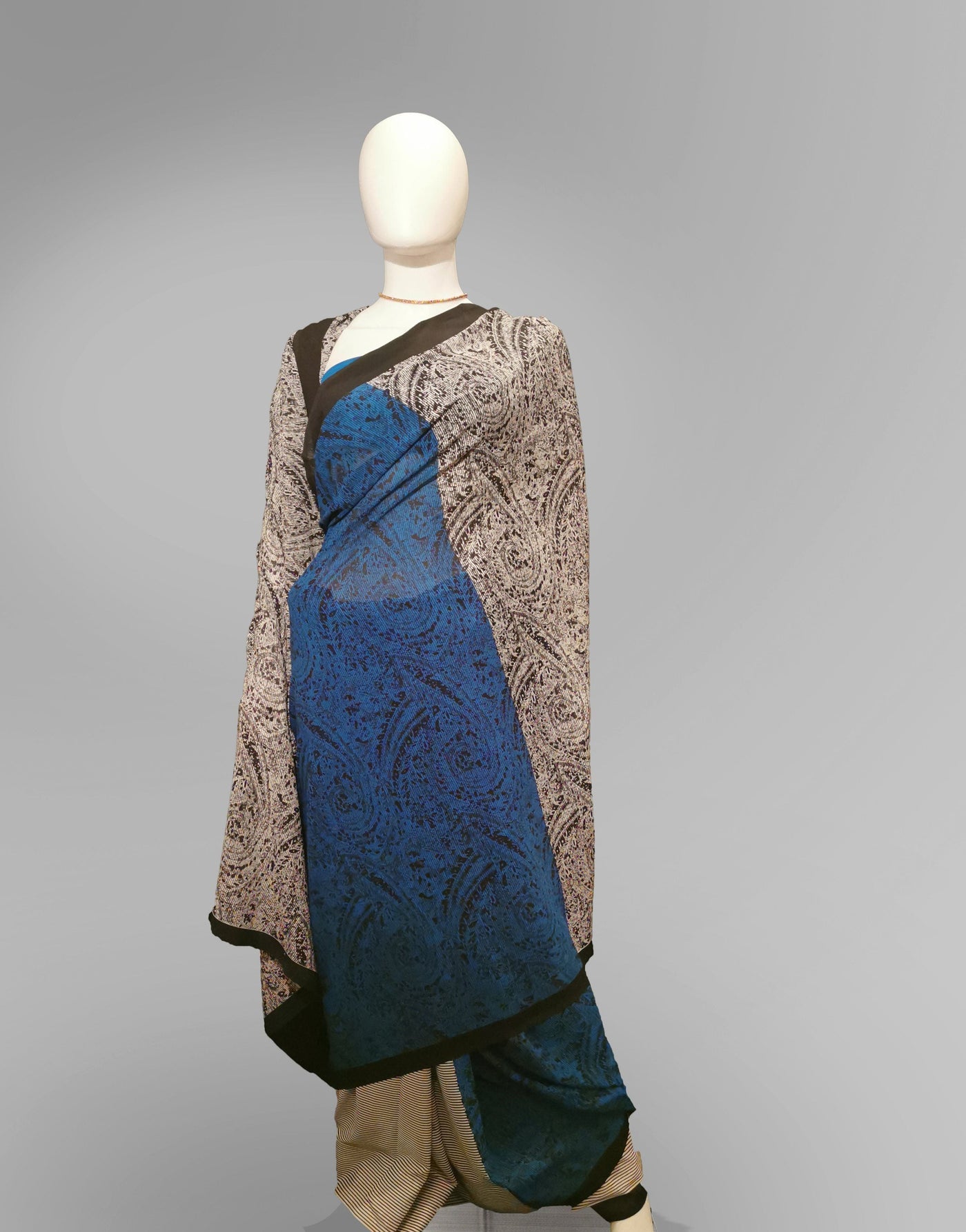 Saree in Blue Black and White with Block Print Work Indian Clothing in Denver, CO, Aurora, CO, Boulder, CO, Fort Collins, CO, Colorado Springs, CO, Parker, CO, Highlands Ranch, CO, Cherry Creek, CO, Centennial, CO, and Longmont, CO. NATIONWIDE SHIPPING USA- India Fashion X