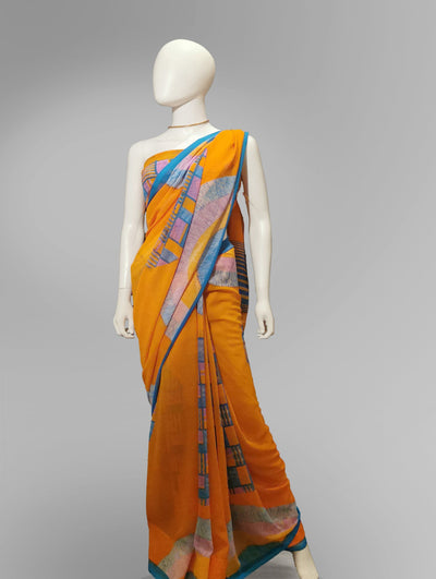 Saree in Orange with MultiColor Printed Artwork Indian Clothing in Denver, CO, Aurora, CO, Boulder, CO, Fort Collins, CO, Colorado Springs, CO, Parker, CO, Highlands Ranch, CO, Cherry Creek, CO, Centennial, CO, and Longmont, CO. NATIONWIDE SHIPPING USA- India Fashion X
