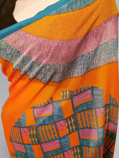 Saree in Orange with MultiColor Printed Artwork Indian Clothing in Denver, CO, Aurora, CO, Boulder, CO, Fort Collins, CO, Colorado Springs, CO, Parker, CO, Highlands Ranch, CO, Cherry Creek, CO, Centennial, CO, and Longmont, CO. NATIONWIDE SHIPPING USA- India Fashion X