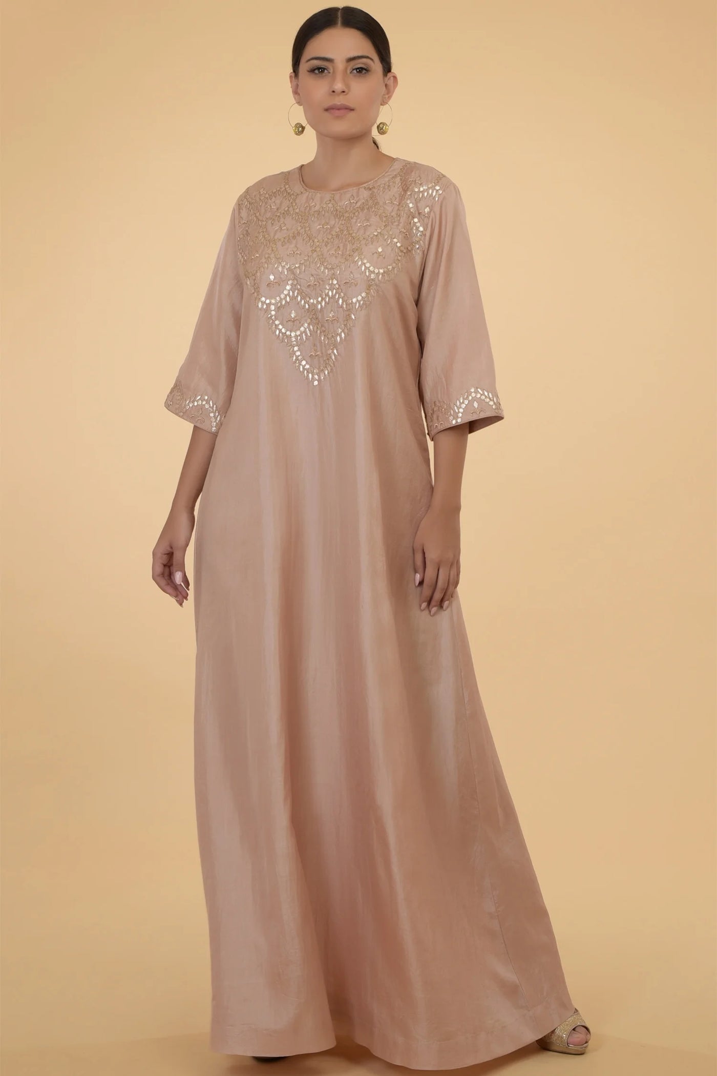 Pink Silk Crepe Kaftan Indian Clothing in Denver, CO, Aurora, CO, Boulder, CO, Fort Collins, CO, Colorado Springs, CO, Parker, CO, Highlands Ranch, CO, Cherry Creek, CO, Centennial, CO, and Longmont, CO. NATIONWIDE SHIPPING USA- India Fashion X