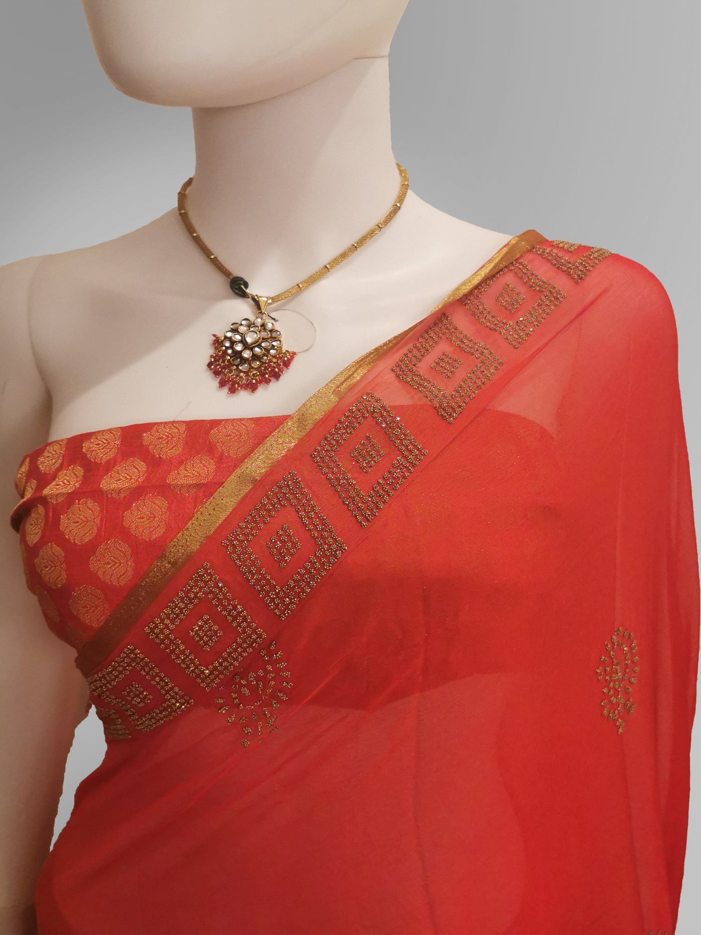 Saree in Fiery Red With Subtle Golden Embroidery Indian Clothing in Denver, CO, Aurora, CO, Boulder, CO, Fort Collins, CO, Colorado Springs, CO, Parker, CO, Highlands Ranch, CO, Cherry Creek, CO, Centennial, CO, and Longmont, CO. NATIONWIDE SHIPPING USA- India Fashion X
