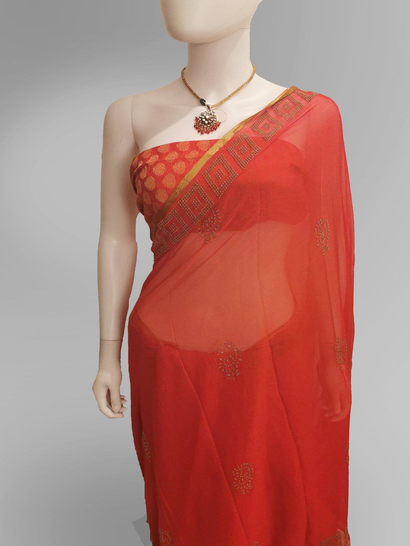 Saree in Fiery Red With Subtle Golden Embroidery Indian Clothing in Denver, CO, Aurora, CO, Boulder, CO, Fort Collins, CO, Colorado Springs, CO, Parker, CO, Highlands Ranch, CO, Cherry Creek, CO, Centennial, CO, and Longmont, CO. NATIONWIDE SHIPPING USA- India Fashion X