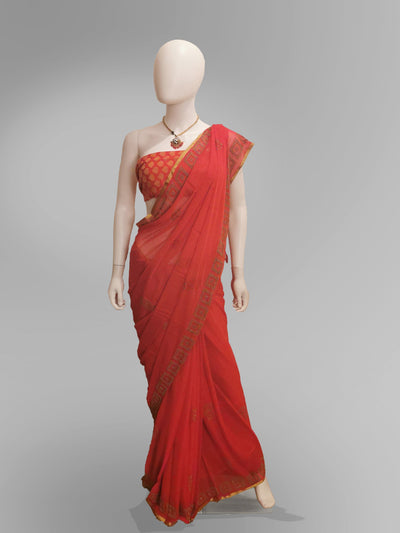 Saree in Fiery Red With Subtle Golden Embroidery Indian Clothing in Denver, CO, Aurora, CO, Boulder, CO, Fort Collins, CO, Colorado Springs, CO, Parker, CO, Highlands Ranch, CO, Cherry Creek, CO, Centennial, CO, and Longmont, CO. NATIONWIDE SHIPPING USA- India Fashion X