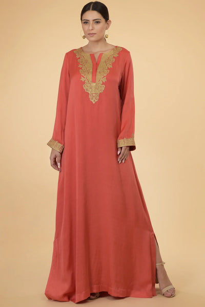 Coral Modal Satin Kaftan Indian Clothing in Denver, CO, Aurora, CO, Boulder, CO, Fort Collins, CO, Colorado Springs, CO, Parker, CO, Highlands Ranch, CO, Cherry Creek, CO, Centennial, CO, and Longmont, CO. NATIONWIDE SHIPPING USA- India Fashion X