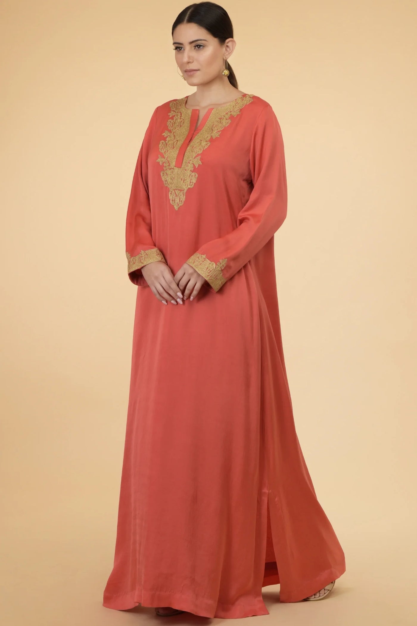 Coral Modal Satin Kaftan Indian Clothing in Denver, CO, Aurora, CO, Boulder, CO, Fort Collins, CO, Colorado Springs, CO, Parker, CO, Highlands Ranch, CO, Cherry Creek, CO, Centennial, CO, and Longmont, CO. NATIONWIDE SHIPPING USA- India Fashion X