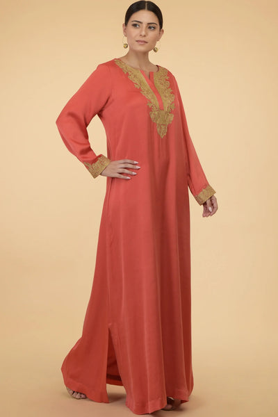 Coral Modal Satin Kaftan Indian Clothing in Denver, CO, Aurora, CO, Boulder, CO, Fort Collins, CO, Colorado Springs, CO, Parker, CO, Highlands Ranch, CO, Cherry Creek, CO, Centennial, CO, and Longmont, CO. NATIONWIDE SHIPPING USA- India Fashion X