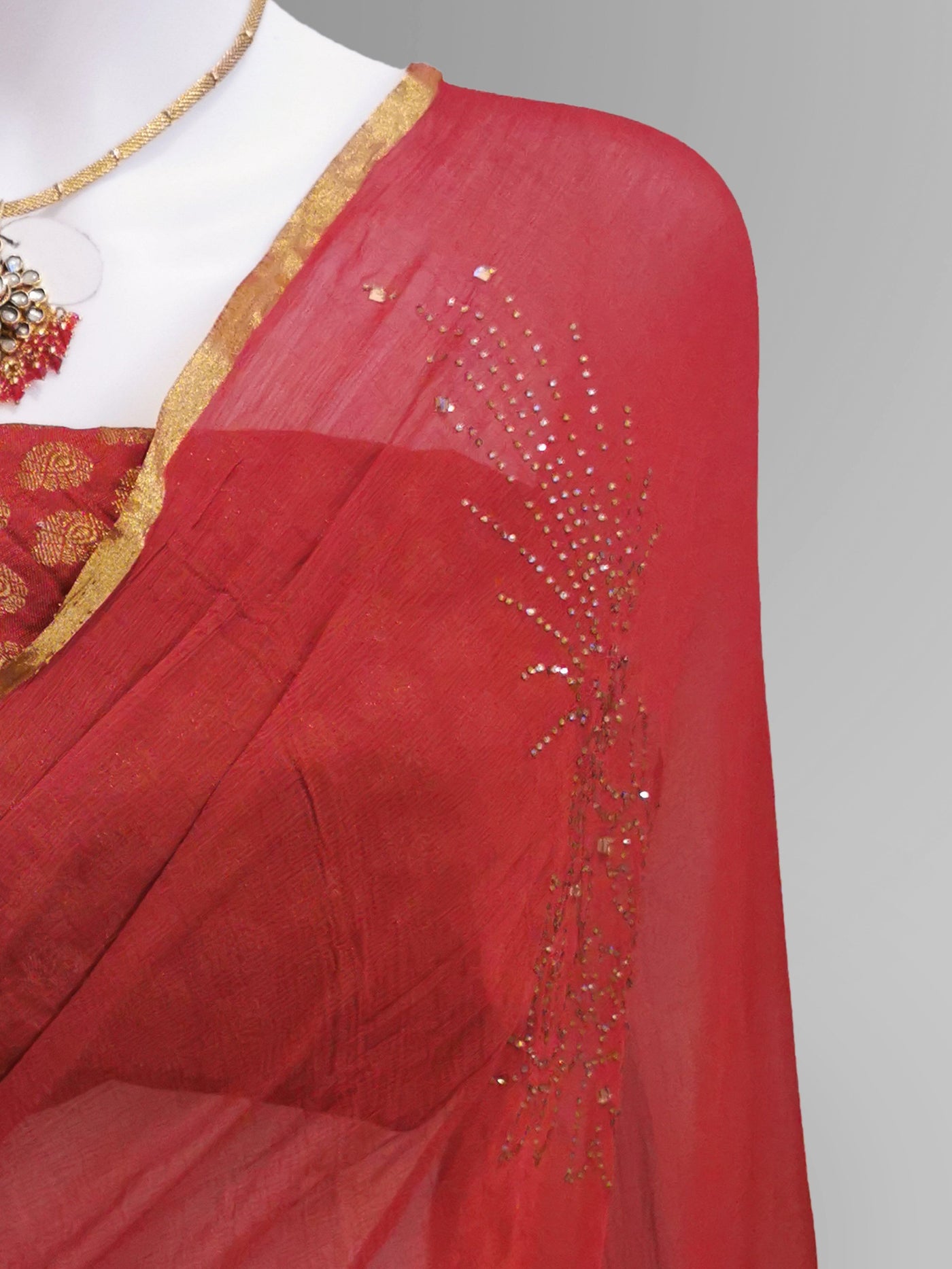 Saree in Crimson Red With Subtle Golden Embroidery Indian Clothing in Denver, CO, Aurora, CO, Boulder, CO, Fort Collins, CO, Colorado Springs, CO, Parker, CO, Highlands Ranch, CO, Cherry Creek, CO, Centennial, CO, and Longmont, CO. NATIONWIDE SHIPPING USA- India Fashion X