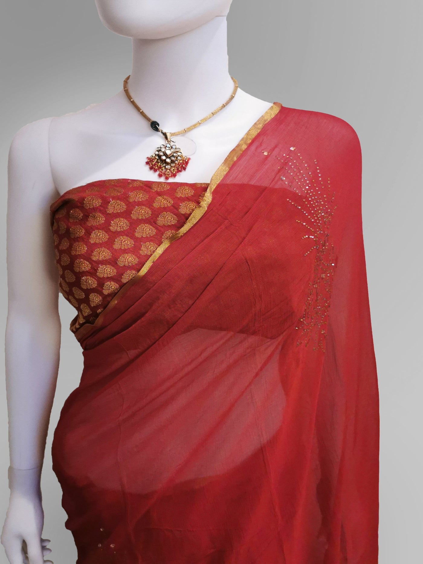 Saree in Crimson Red With Subtle Golden Embroidery Indian Clothing in Denver, CO, Aurora, CO, Boulder, CO, Fort Collins, CO, Colorado Springs, CO, Parker, CO, Highlands Ranch, CO, Cherry Creek, CO, Centennial, CO, and Longmont, CO. NATIONWIDE SHIPPING USA- India Fashion X