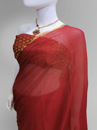 Saree in Crimson Red With Subtle Golden Embroidery Indian Clothing in Denver, CO, Aurora, CO, Boulder, CO, Fort Collins, CO, Colorado Springs, CO, Parker, CO, Highlands Ranch, CO, Cherry Creek, CO, Centennial, CO, and Longmont, CO. NATIONWIDE SHIPPING USA- India Fashion X