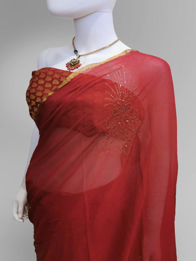 Saree in Crimson Red With Subtle Golden Embroidery Indian Clothing in Denver, CO, Aurora, CO, Boulder, CO, Fort Collins, CO, Colorado Springs, CO, Parker, CO, Highlands Ranch, CO, Cherry Creek, CO, Centennial, CO, and Longmont, CO. NATIONWIDE SHIPPING USA- India Fashion X