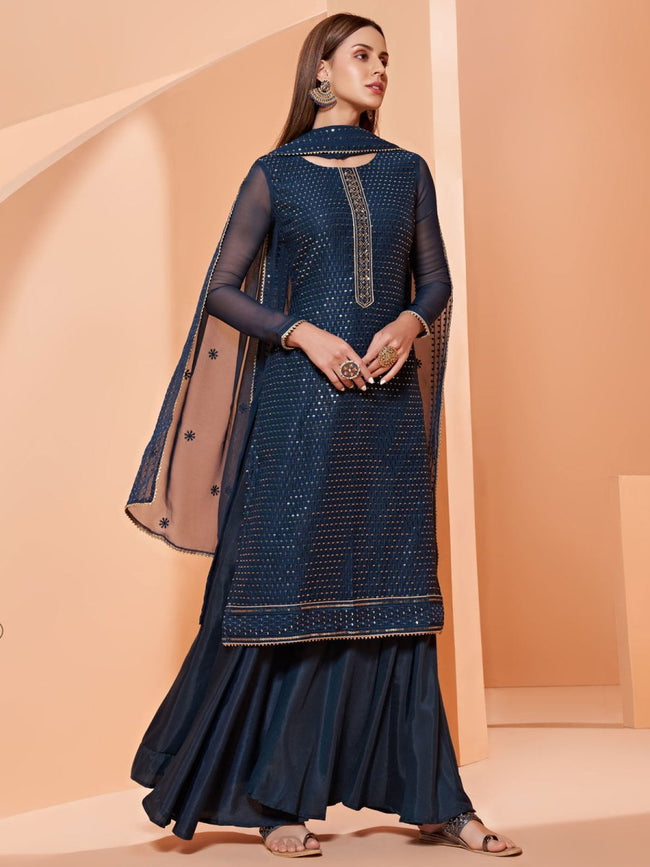 Blue Georgette Sharara Suit - Indian Clothing in Denver, CO, Aurora, CO, Boulder, CO, Fort Collins, CO, Colorado Springs, CO, Parker, CO, Highlands Ranch, CO, Cherry Creek, CO, Centennial, CO, and Longmont, CO. Nationwide shipping USA - India Fashion X