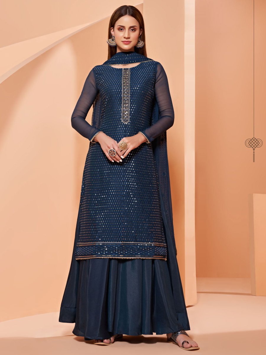 Blue Georgette Sharara Suit - Indian Clothing in Denver, CO, Aurora, CO, Boulder, CO, Fort Collins, CO, Colorado Springs, CO, Parker, CO, Highlands Ranch, CO, Cherry Creek, CO, Centennial, CO, and Longmont, CO. Nationwide shipping USA - India Fashion X