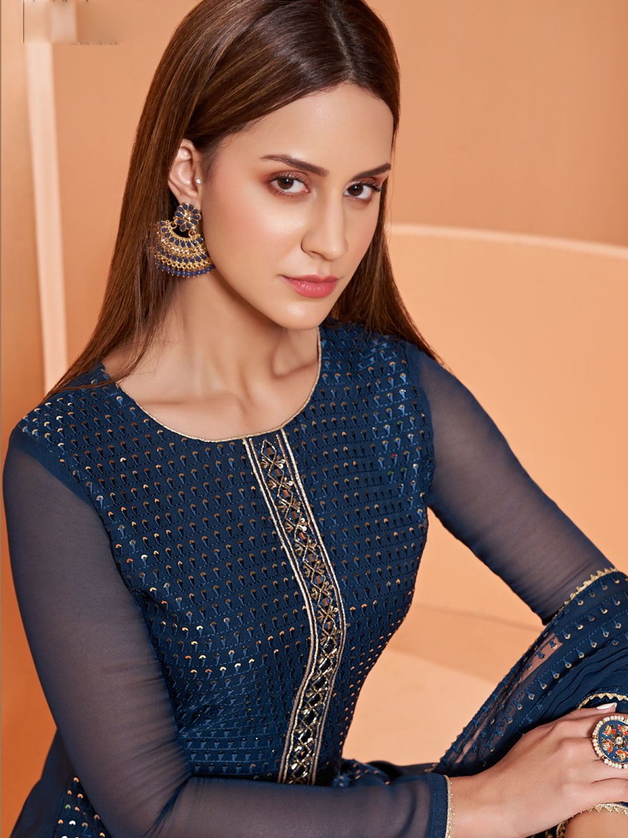 Blue Georgette Sharara Suit - Indian Clothing in Denver, CO, Aurora, CO, Boulder, CO, Fort Collins, CO, Colorado Springs, CO, Parker, CO, Highlands Ranch, CO, Cherry Creek, CO, Centennial, CO, and Longmont, CO. Nationwide shipping USA - India Fashion X