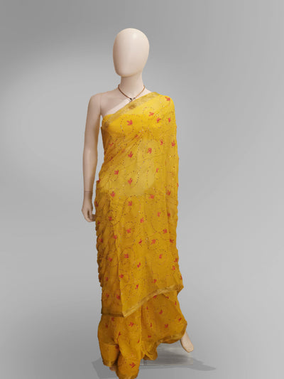 Saree in Yellow With Accent Pink Floral Design - Indian Clothing in Denver, CO, Aurora, CO, Boulder, CO, Fort Collins, CO, Colorado Springs, CO, Parker, CO, Highlands Ranch, CO, Cherry Creek, CO, Centennial, CO, and Longmont, CO. Nationwide shipping USA - India Fashion X