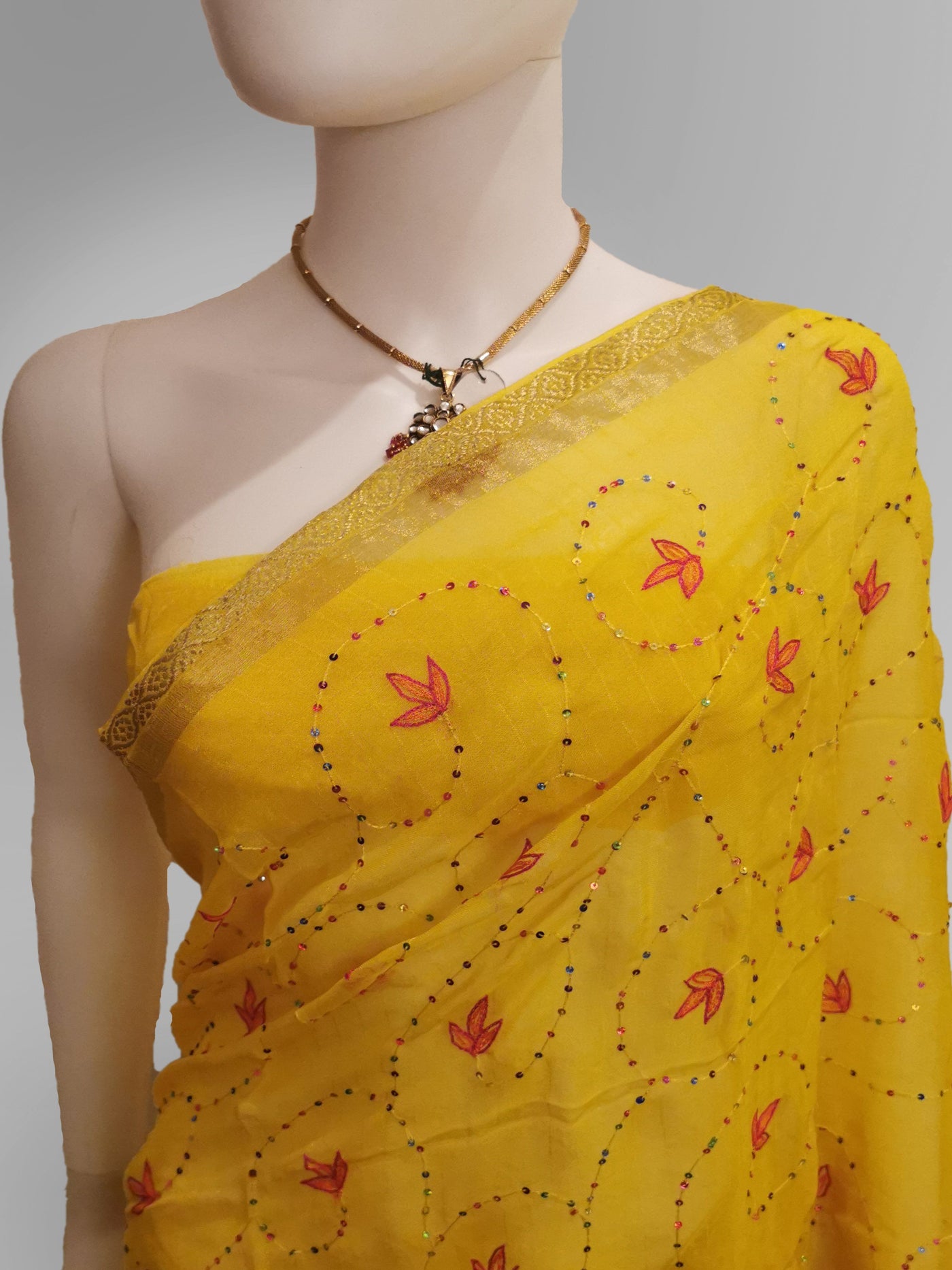 Saree in Yellow With Accent Pink Floral Design - Indian Clothing in Denver, CO, Aurora, CO, Boulder, CO, Fort Collins, CO, Colorado Springs, CO, Parker, CO, Highlands Ranch, CO, Cherry Creek, CO, Centennial, CO, and Longmont, CO. Nationwide shipping USA - India Fashion X