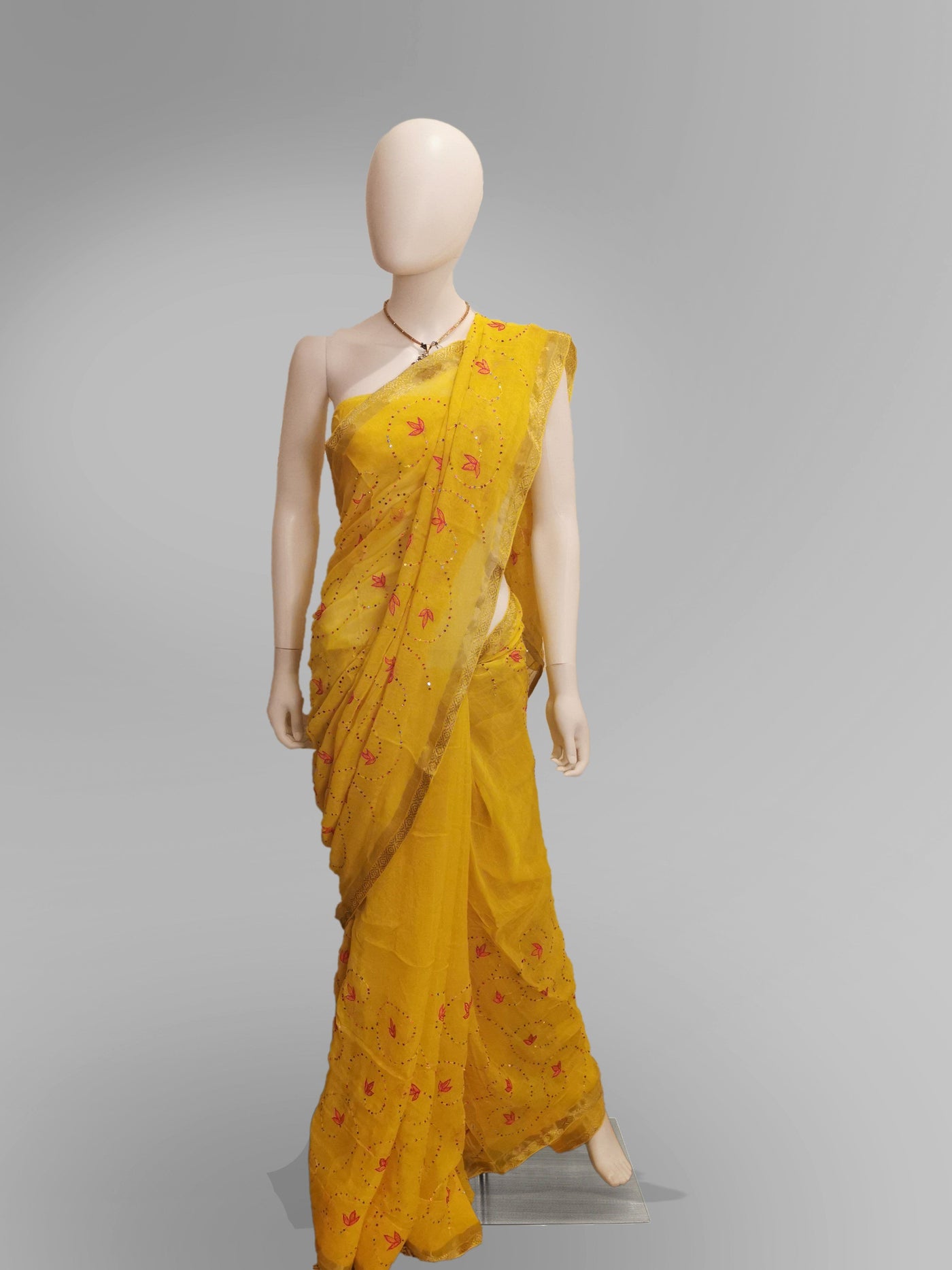 Saree in Yellow With Accent Pink Floral Design - Indian Clothing in Denver, CO, Aurora, CO, Boulder, CO, Fort Collins, CO, Colorado Springs, CO, Parker, CO, Highlands Ranch, CO, Cherry Creek, CO, Centennial, CO, and Longmont, CO. Nationwide shipping USA - India Fashion X