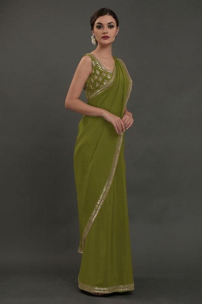 Saree in Avocado Green in Silver Embroidery - Indian Clothing in Denver, CO, Aurora, CO, Boulder, CO, Fort Collins, CO, Colorado Springs, CO, Parker, CO, Highlands Ranch, CO, Cherry Creek, CO, Centennial, CO, and Longmont, CO. Nationwide shipping USA - India Fashion X