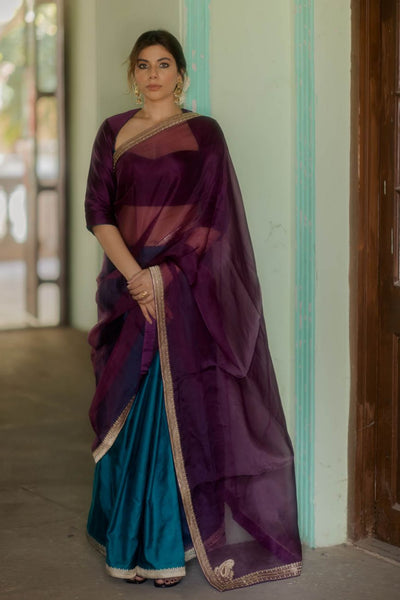 Wine & Agean Satin Saree - Indian Clothing in Denver, CO, Aurora, CO, Boulder, CO, Fort Collins, CO, Colorado Springs, CO, Parker, CO, Highlands Ranch, CO, Cherry Creek, CO, Centennial, CO, and Longmont, CO. Nationwide shipping USA - India Fashion X