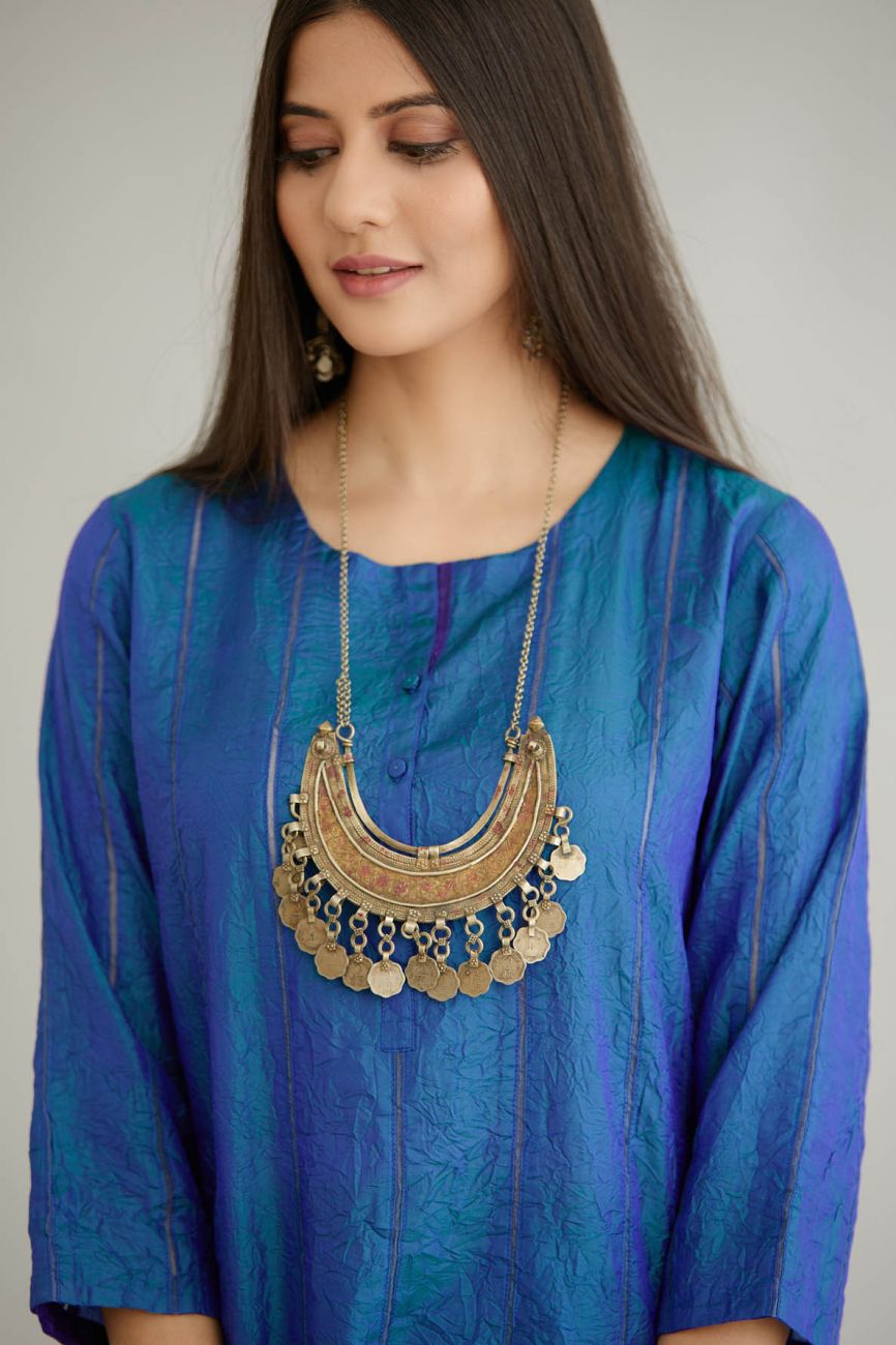 Blue Crushed Silk Kurta Set - Indian Clothing in Denver, CO, Aurora, CO, Boulder, CO, Fort Collins, CO, Colorado Springs, CO, Parker, CO, Highlands Ranch, CO, Cherry Creek, CO, Centennial, CO, and Longmont, CO. Nationwide shipping USA - India Fashion X