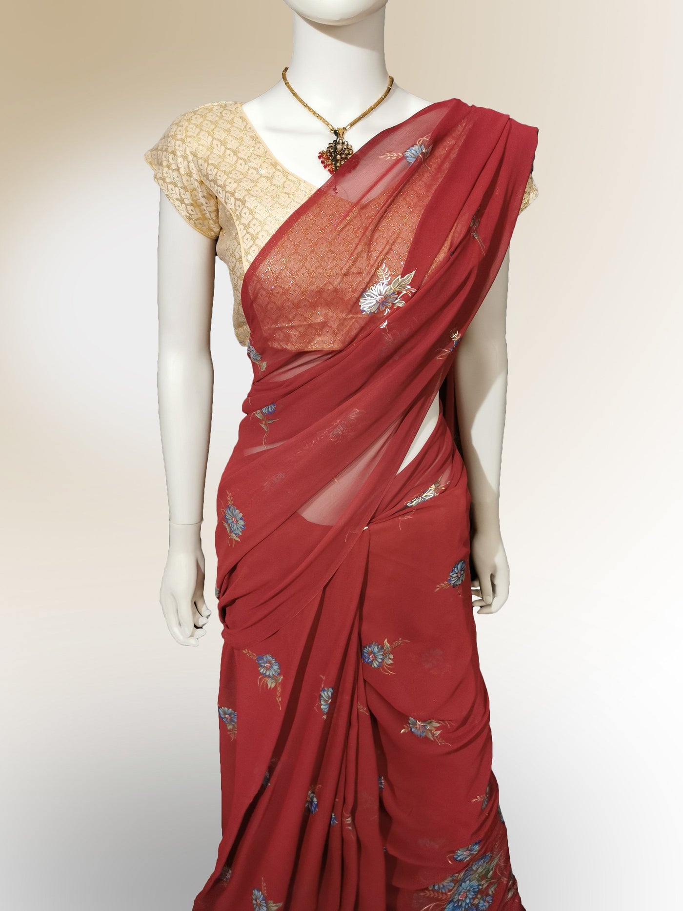 Saree in Tomato Red with Floral Print Indian Clothing in Denver, CO, Aurora, CO, Boulder, CO, Fort Collins, CO, Colorado Springs, CO, Parker, CO, Highlands Ranch, CO, Cherry Creek, CO, Centennial, CO, and Longmont, CO. NATIONWIDE SHIPPING USA- India Fashion X