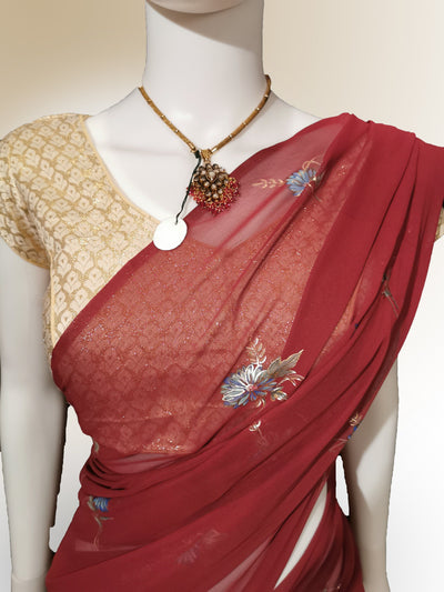 Saree in Tomato Red with Floral Print Indian Clothing in Denver, CO, Aurora, CO, Boulder, CO, Fort Collins, CO, Colorado Springs, CO, Parker, CO, Highlands Ranch, CO, Cherry Creek, CO, Centennial, CO, and Longmont, CO. NATIONWIDE SHIPPING USA- India Fashion X
