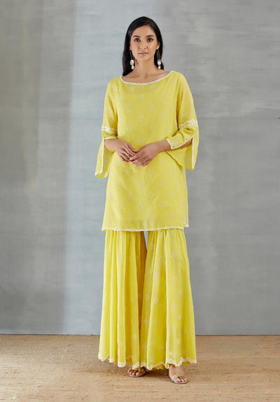 Citrus And Ecru Sharara Set - Indian Clothing in Denver, CO, Aurora, CO, Boulder, CO, Fort Collins, CO, Colorado Springs, CO, Parker, CO, Highlands Ranch, CO, Cherry Creek, CO, Centennial, CO, and Longmont, CO. Nationwide shipping USA - India Fashion X