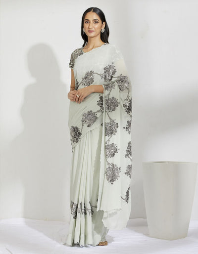 Mint And Silver Floral Bead Saree - Indian Clothing in Denver, CO, Aurora, CO, Boulder, CO, Fort Collins, CO, Colorado Springs, CO, Parker, CO, Highlands Ranch, CO, Cherry Creek, CO, Centennial, CO, and Longmont, CO. Nationwide shipping USA - India Fashion X